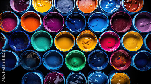 top view many paint colors in a cans photo