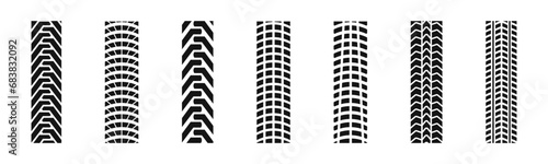 Car tire tracks. Tire tracks silhouettes. Car tire patterns, wheel tyre tread track. Tyre print. Dirty tires tracks