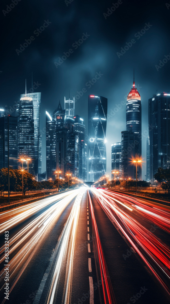 drone photo of traffic and city skyline at night, vertical orientation drone photo of traffic and city skyline at night, vertical orientation