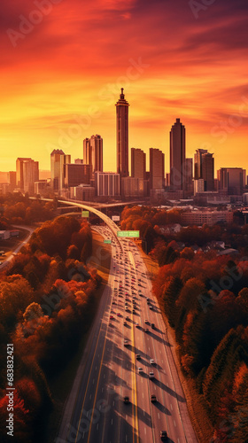 Drone photo of Atlanta city skyline at sunset in the summer 