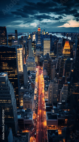 drone photo of traffic and city skyline at night in New York City 