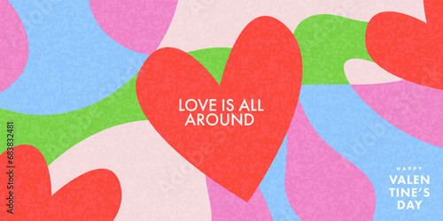 Creative concept of Happy Valentines Day card. Modern abstract art design with hearts, geometric and liquid shapes. Template for celebration, ads, branding, flyer, banner, cover, label, poster, sales