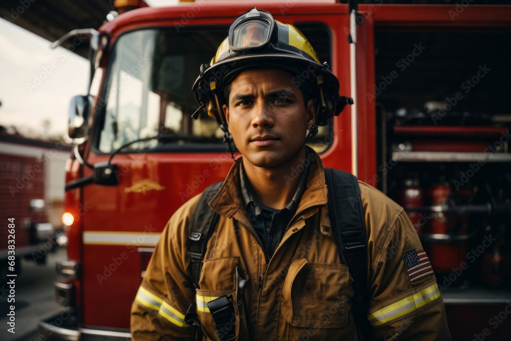 Fototapeta premium Portrait of a serious male firefighter in uniform and helmet near fire engine.