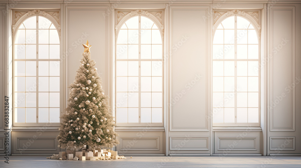 christmas tree in a room with windows. christmas home interior christmas tree in a room with windows. christmas home interior