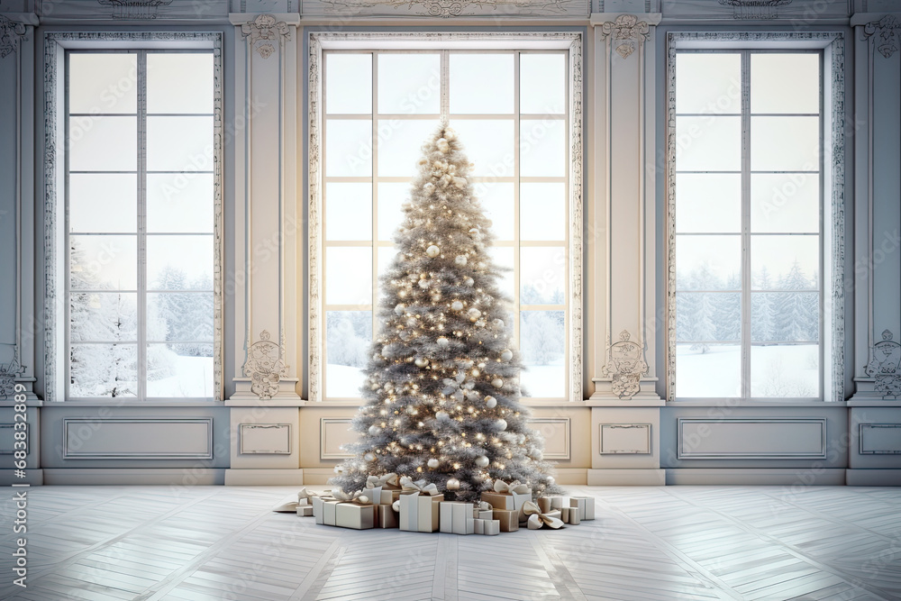 christmas tree in a room with windows. christmas home interior