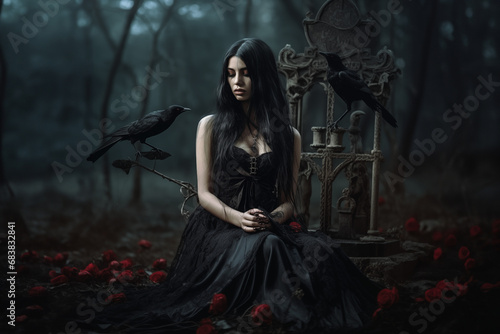 lady in black dress sitting in dark forest with raven and red roses