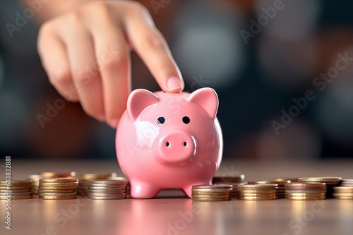 Close up hand of woman holding coin and put money coin into pink piggy for saving money. Saving money concept of savings and investment.