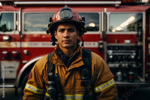 Portrait of a male firefighter wearing a uniform and helmet near a red fire truck. © liliyabatyrova