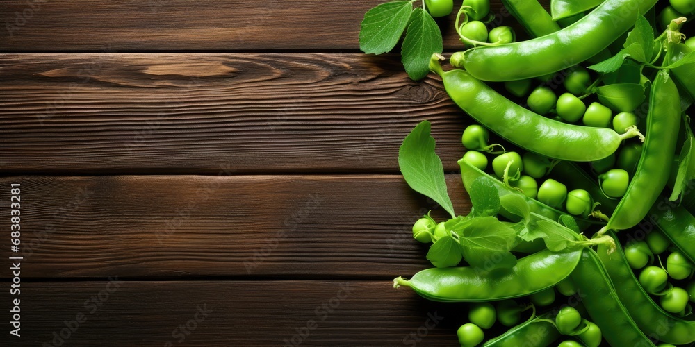 Pods of green peas on a wooden rustic table, top view, space for text. Generative AI Pods of green peas on a wooden rustic table, top view, space for text. Generative AI