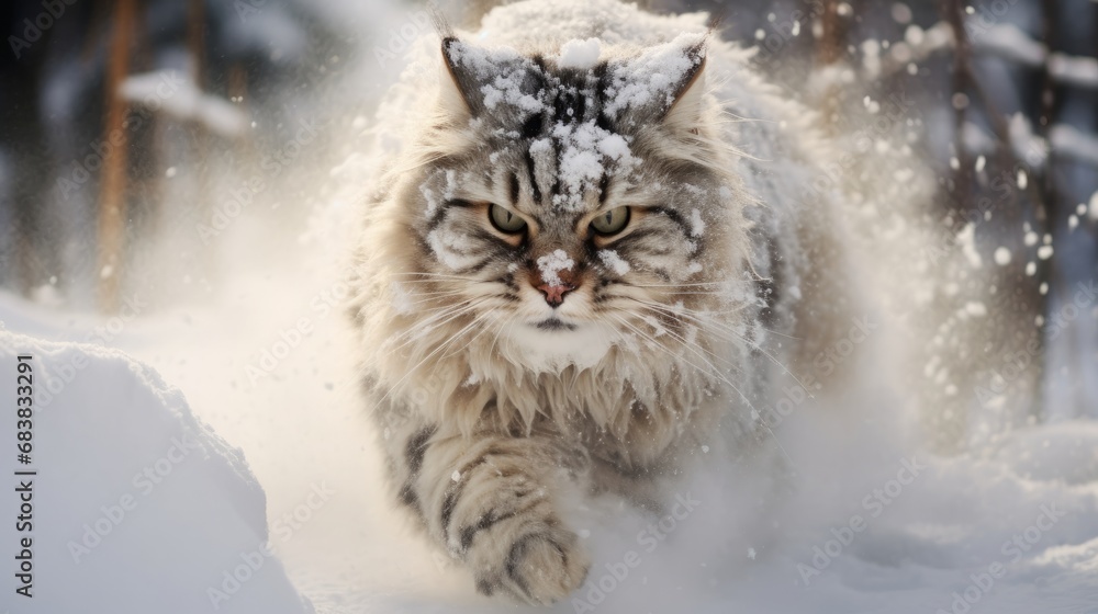 large snow cat, splashes of snow, nature photography, 16:9, copy space