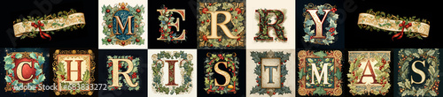 Merry Christmas wide banner with capital letters in the style of an illuminated manuscript. Festive greeting with ribbon scroll detail.