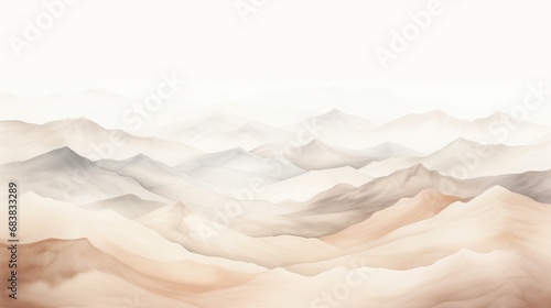 watercolor mountains in soft neutral colors on white background, copy space, 16:9