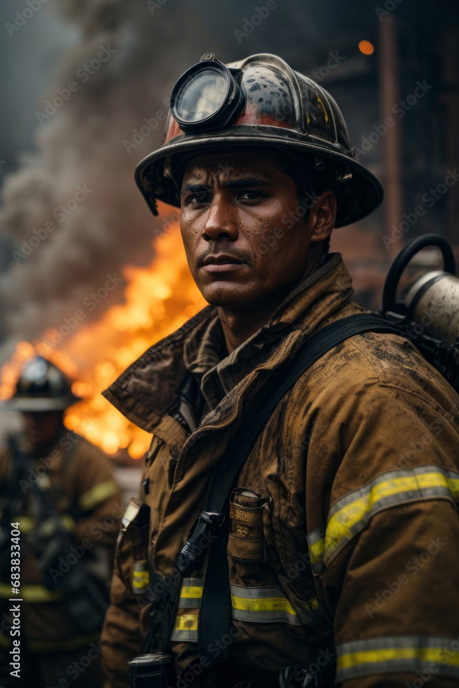 Portrait of tired firefighters in safety uniform and a helmet. Professional fireman looking at camera against the background of a fire with smoke.