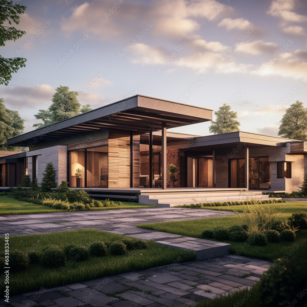 Modern private house in minimalist style with a pitched roof. The walls are decorated with natural wood and natural stone. Modern architecture. Modern private house in minimalist style with a pitched roof. The walls are decorated with natural wood and natural stone. Modern architecture.