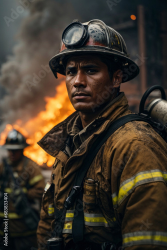 Portrait of tired firefighters in safety uniform and a helmet. Professional fireman looking at camera against the background of a fire with smoke.