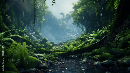 Realistic rain forest depicted in an artistic way with a tiny cascade © juni studio