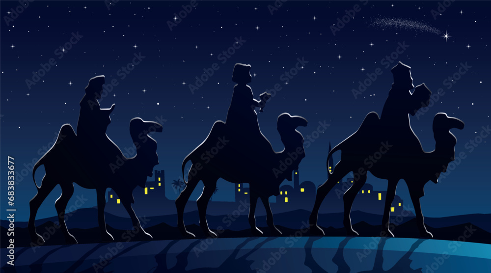 Christmas Nativity Scene - Three Wise Men in the desert at night - obrazy, fototapety, plakaty 
