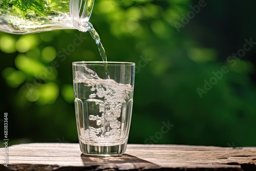 Aquatic elegance. Refreshing transparent water pouring from jug into glass on wooden table ideal for health and lifestyle concept. Pure hydration. Clear cascading into capturing of healthy living