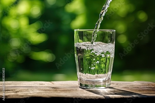 Aquatic elegance. Refreshing transparent water pouring from jug into glass on wooden table ideal for health and lifestyle concept. Pure hydration. Clear cascading into capturing of healthy living