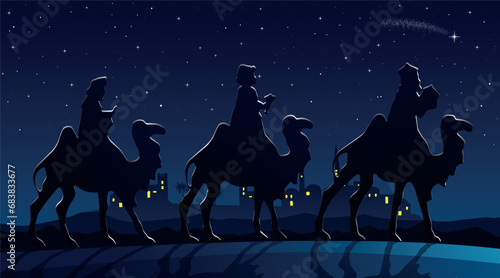 Christmas Nativity Scene - Three Wise Men in the desert at night photo