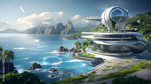 3D rendering of a concept car in a futuristic landscape with hills