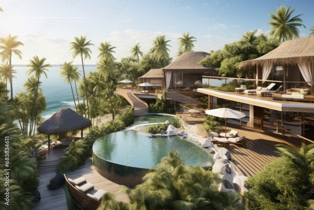 A beachfront resort with tropical gardens and infinity pools. A beachfront resort with tropical gardens and infinity pools.