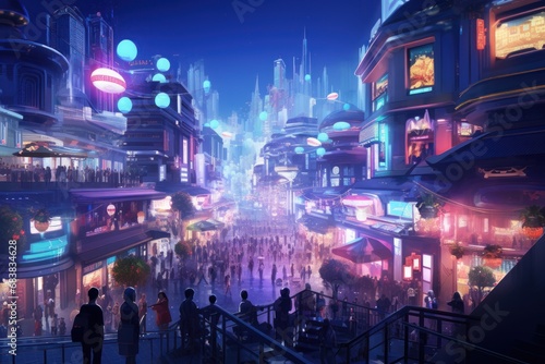 A bustling city street at night illuminated by neon lights and diverse crowds.