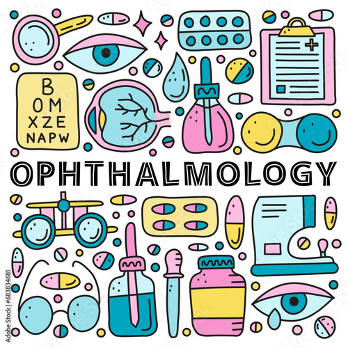 Poster with lettering and doodle colored ophthalmology icons.