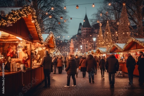 A festive Christmas market with lights, decorations, and holiday shoppers.