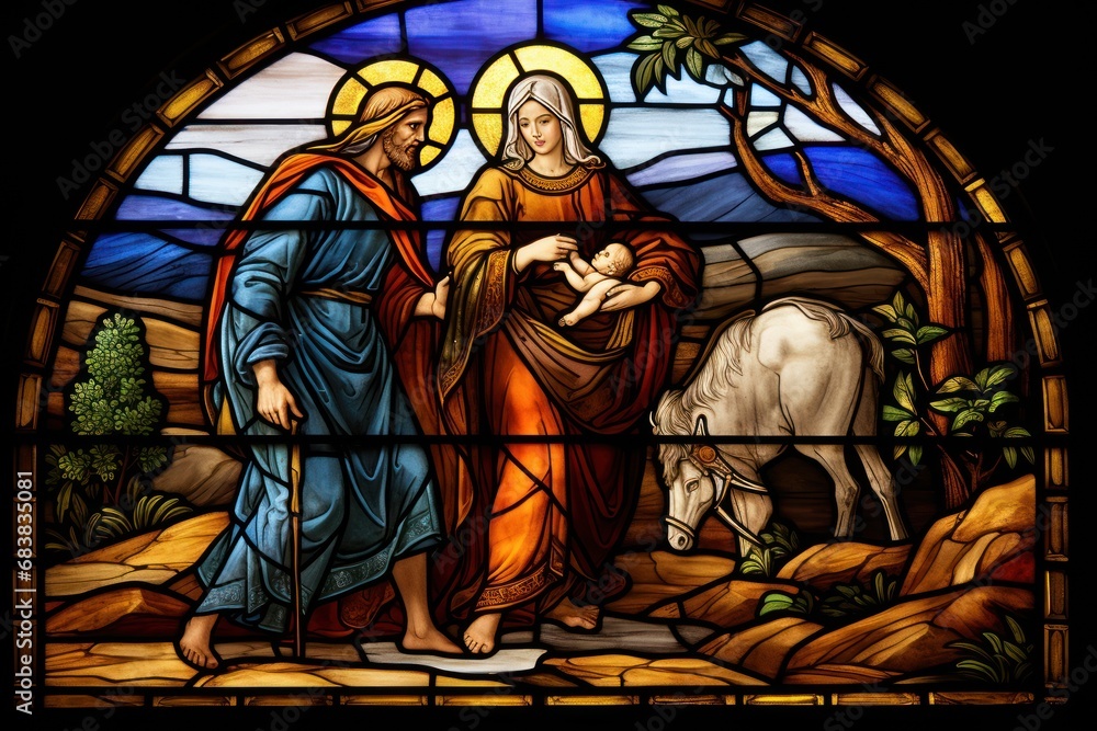 A stained glass window showing the Flight into Egypt, depicting Mary, Joseph, and Jesus escaping danger. A stained glass window showing the Flight into Egypt, depicting Mary, Joseph, and Jesus escaping danger.
