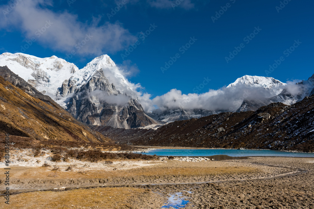 Beautiful Glacial Lake in the Himalayas of Kanchenjunga SOuth Base Camp, Taplejung, Nepal