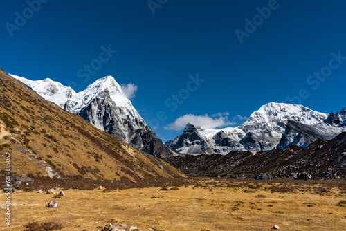 Beautiful Himalayan Landscape with Snow capped Mountains in Kanchenjunga Base Camp Trekking in Nepal