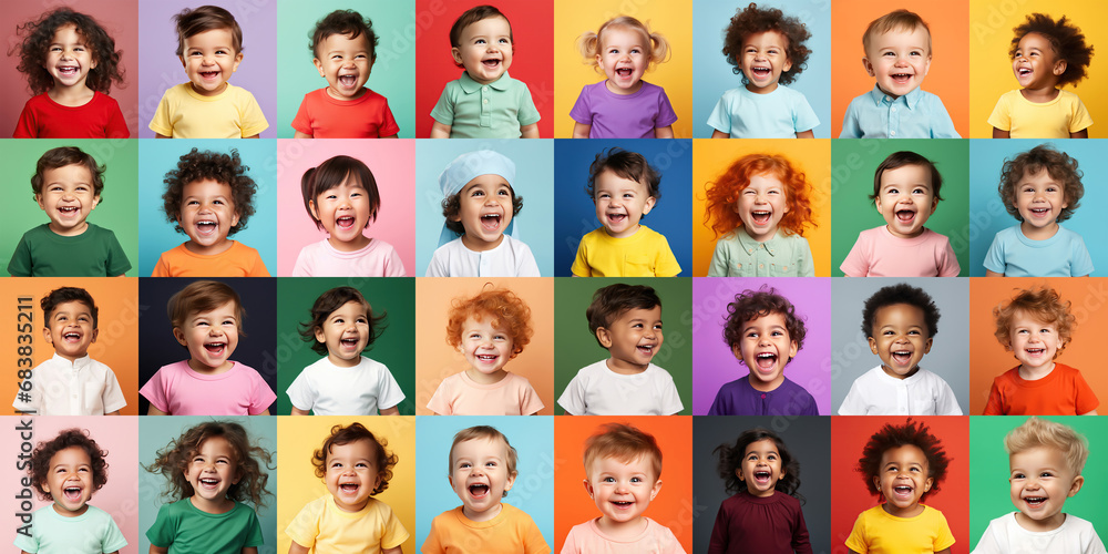 Collection of young laughing children or kids and babies background panorama group of multicultural people