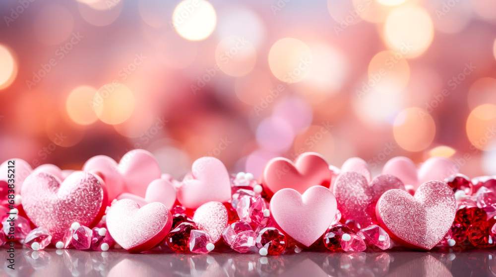 Holiday pink background of mix of pink and red hearts amidst sparkling gems against a bokeh backdrop, symbolizing romance and Valentine's Day celebration. Copy space