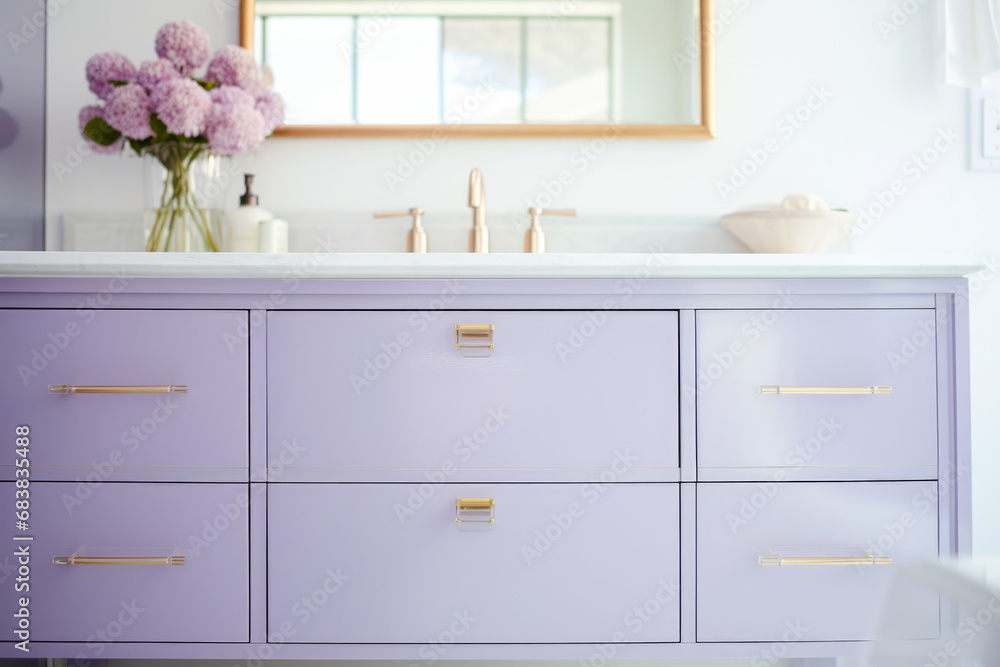 An elegant bathroom with a purple cabinet vanity. An elegant bathroom with a purple cabinet vanity.