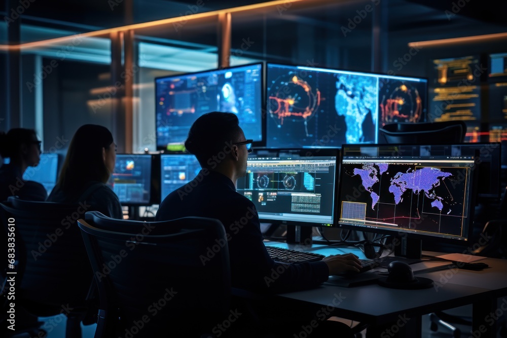 Cybersecurity professionals working in a high-tech network operations center.