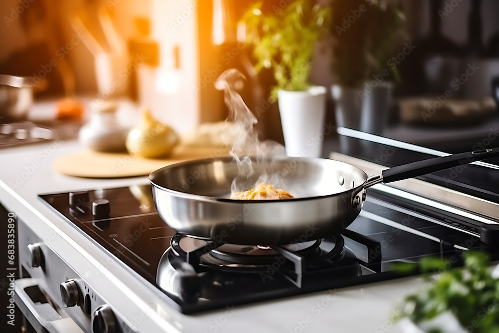 A vegetarian dish is fried in a frying pan in the kitchen. Vegetarianism and Veganuary concept A vegetarian dish is fried in a frying pan in the kitchen. Vegetarianism and Veganuary concept
