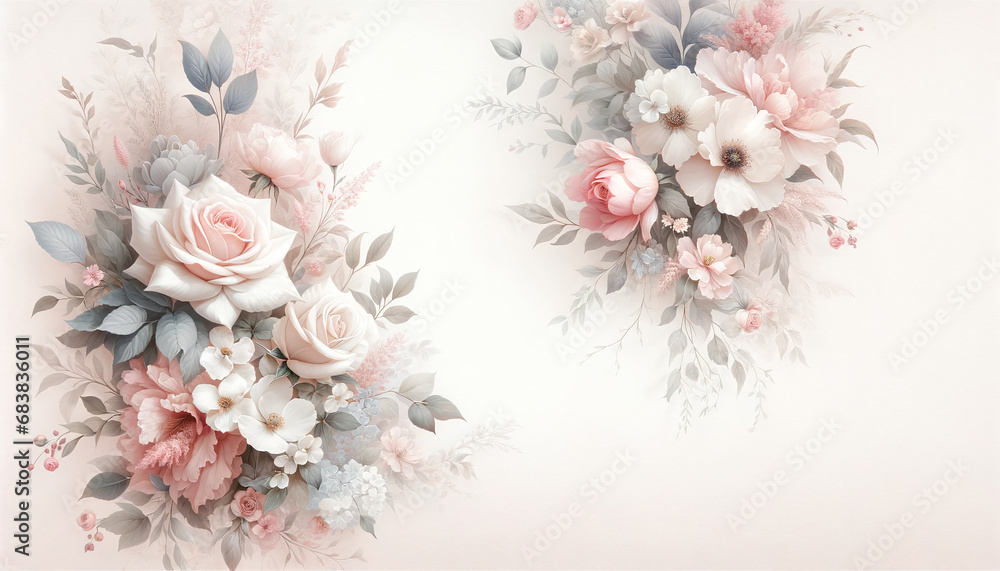 Romantic and elegant website background with a soft floral pattern of roses and peonies in pastel shades, perfect for fashion or beauty sites