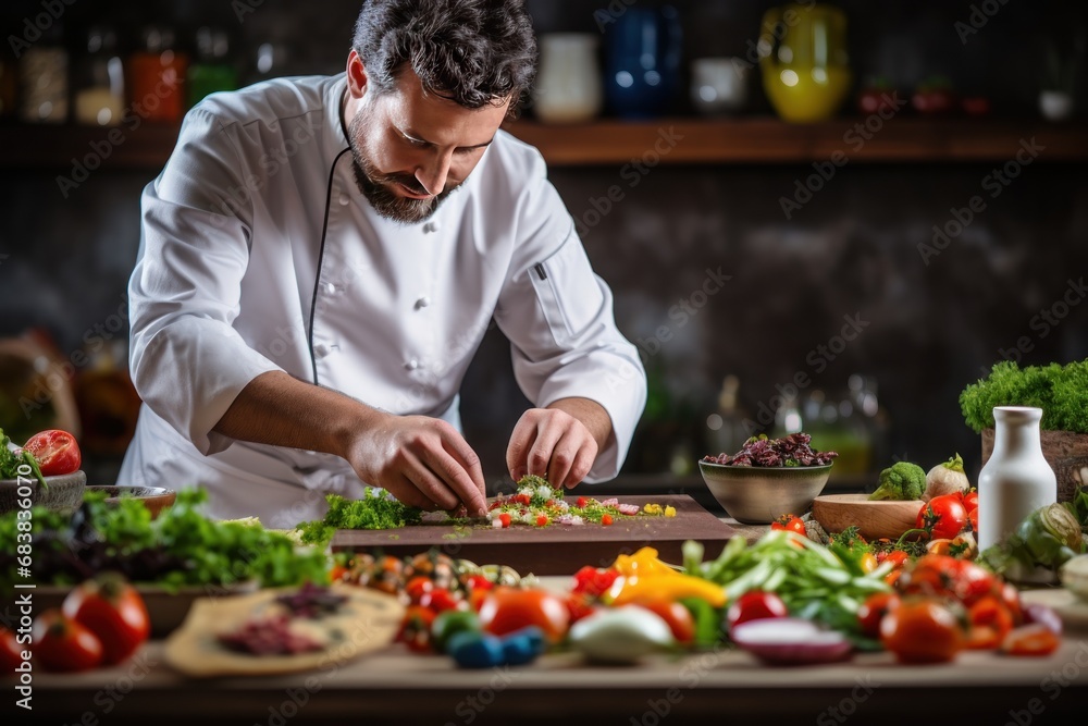 Gourmet cooking and culinary art concept with a chef preparing a fancy dish in a professional kitchen, surrounded by fresh ingredients and sophisticated cooking equipment.