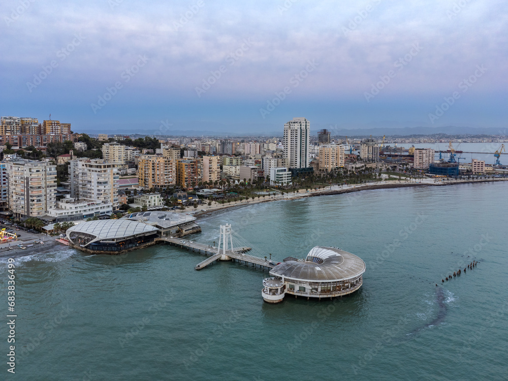 Obraz premium Aerial View of Ventus Harbor at Dusk- Durres, Albania