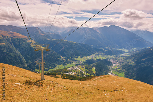 Panoramic view of alpine mountain valley, Bellwald, Valais, Switzerland