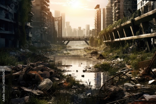 Post-apocalyptic city with survivors and reclaimed nature