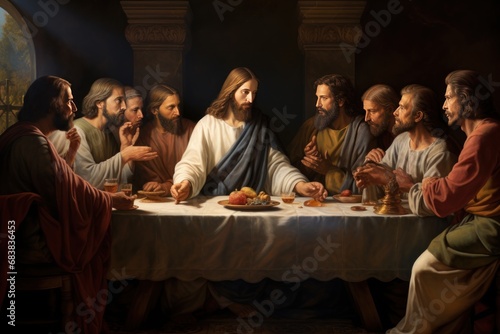 Renaissance depiction of the Last Supper with Jesus and his apostles photo