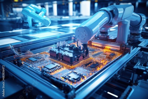 Robotic arm assembling circuit board in high-tech factory.