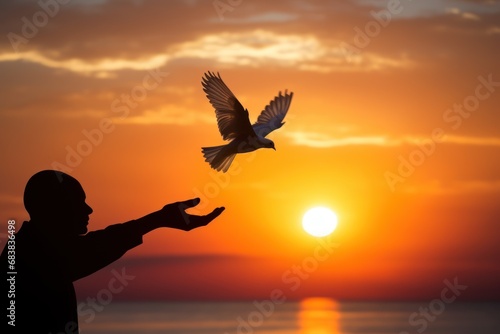 Silhouette of a person releasing a dove into a sunset, symbol of peace and freedom