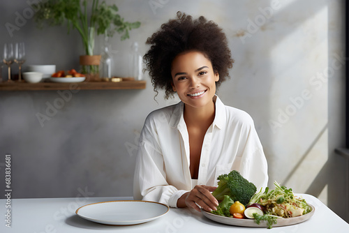 A young African American woman sits in a light, minimalist kitchen with fresh vegetables on the table. Vegetarianism and Veganuary concept