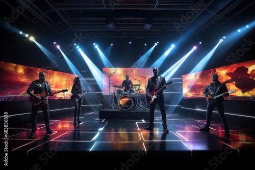 Virtual concert experience with a live band performing in a digital world.