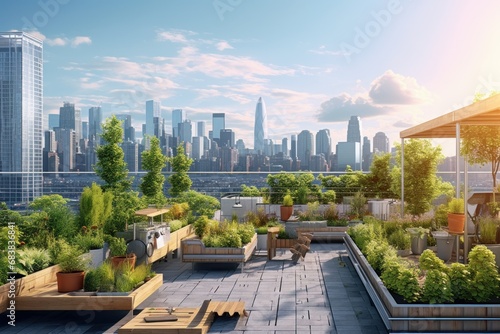 Urban gardening and sustainable city living concept with a rooftop garden in a modern cityscape, featuring fresh vegetables, eco-friendly practices, and community engagement. photo