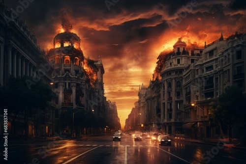 a street with buildings on fire