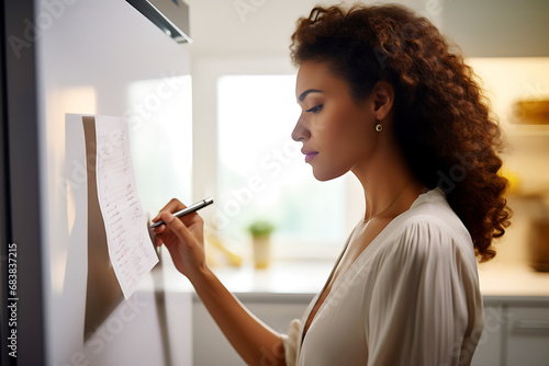 Young African American woman writing a grocery list on a sticky note on her refrigerator to avoid making unwise purchases photo